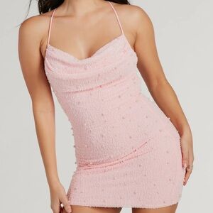 Windsor Keira Faux Pearl Strappy Open Back Blush Beaded Mini Dress